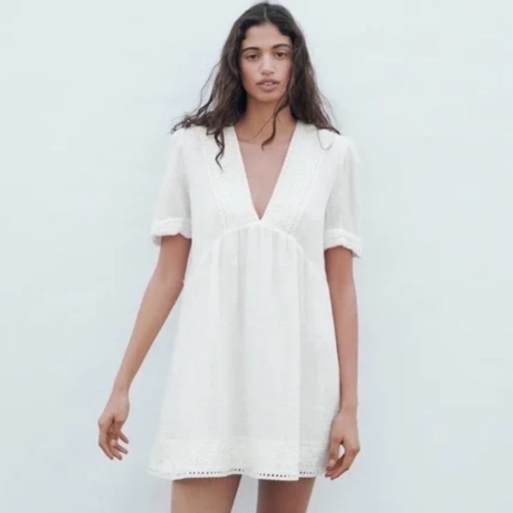 Zara White Embroidered Eyelet Boho Babydoll Dress XL V-Neck Summer Linen Dress